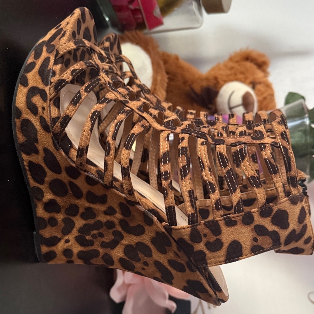 BAMBOO Leopard Print Strappy Gladiator Heels - Tan and Black